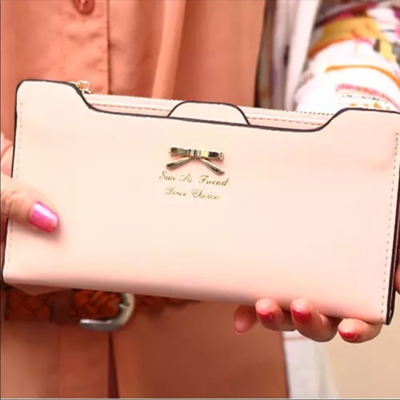 Handbags - Leatherette Wallet in Blush With Bow